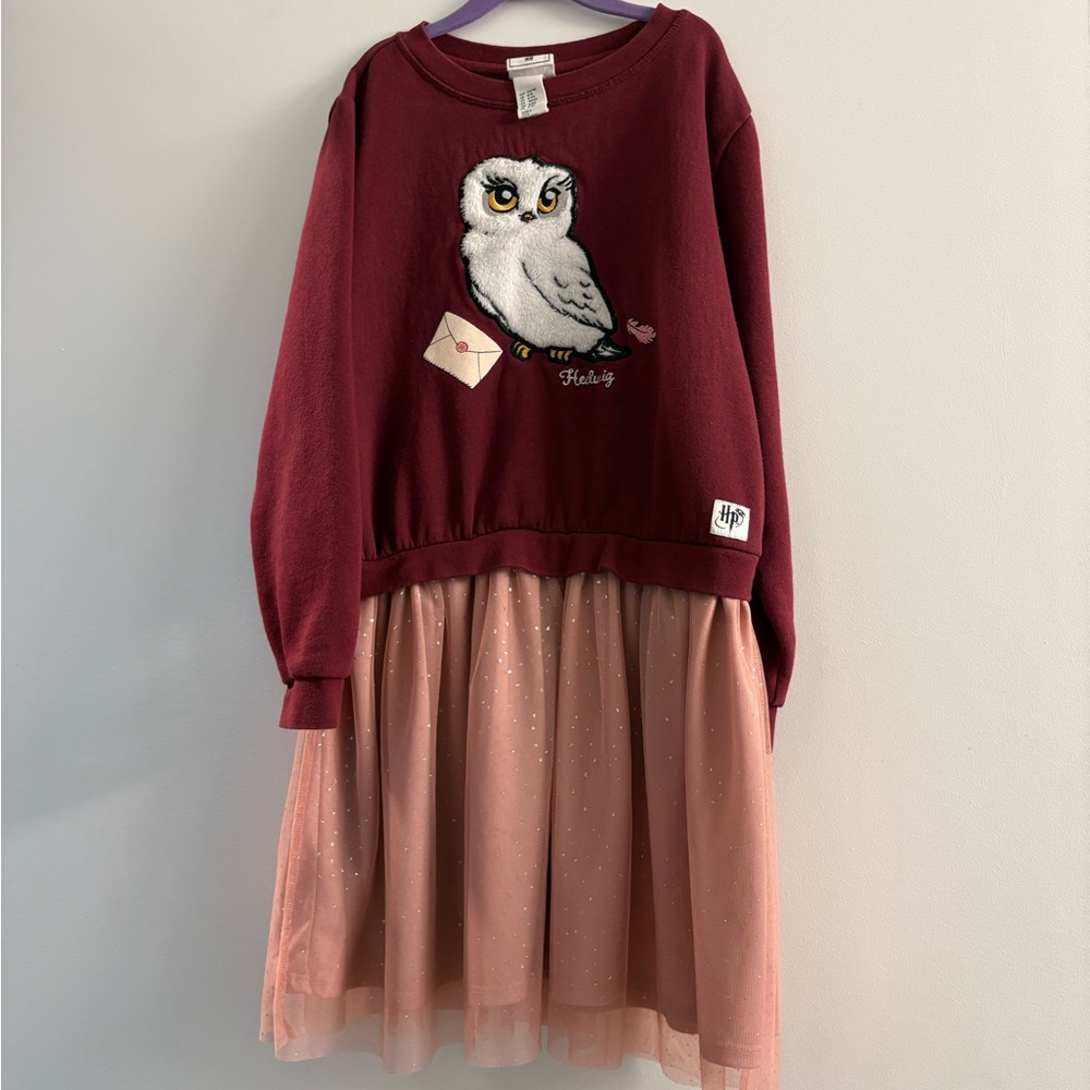 H&M Harry Potter Hedwig Sweatshirt Dress with Blush Pink Tulle Skirt Sz 8-10